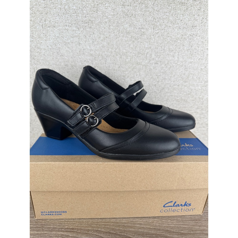 Clarks Black Leather Mary Jane Heels Emily 2 Jane Double Strap Womens 9.5 M